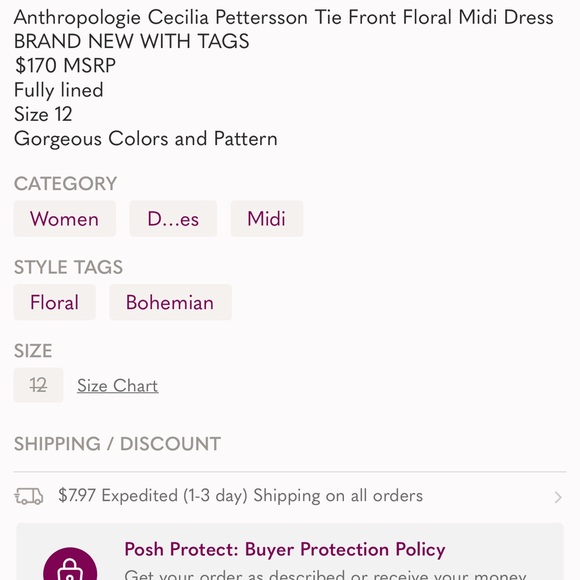 Anthropologie x Cecilia Pettersson! Tie Front Floral Midi Dress NWT! - Picture 12 of 12